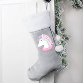 Personalised Christmas Unicorn Luxury Silver Grey Stocking For Dogs